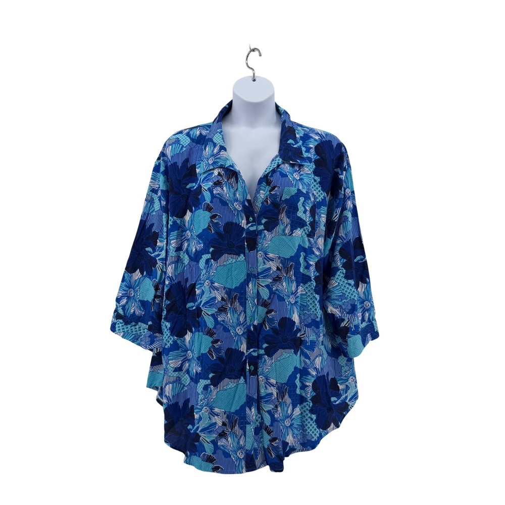 Boho Me Rayon Shirt Women 3X Blue Floral Tropical Button Up Blouse 3/4 Sleeve